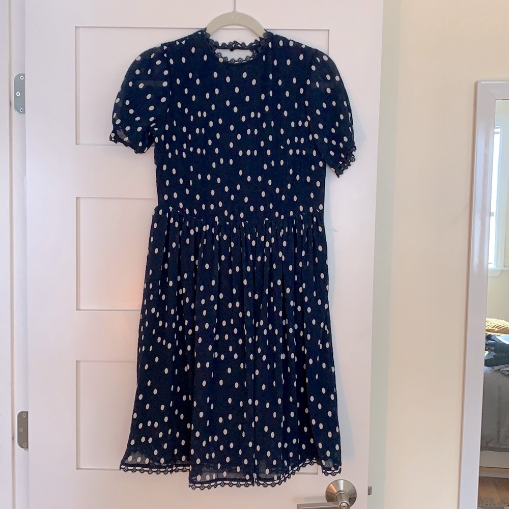 Navy and white polka dot dress